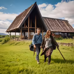 two people who are walking through some grass