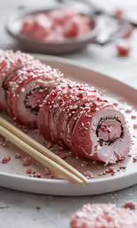 there is a plate that has sushi on it