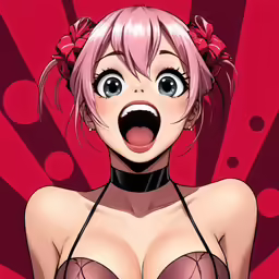 a woman with pink hair and a top