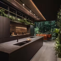 a large modern kitchen has an overhead window and plants on the side of it