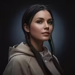 an attractive young woman with long hair, wearing a hooded jacket