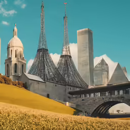 an old picture of a building with a bridge in front of it