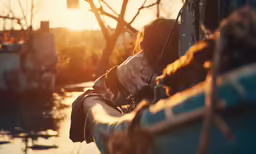 a woman climbing up the side of a boat