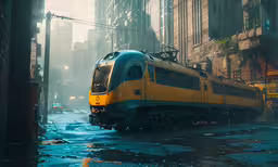 a train on the tracks in front of the city building,a yellow and grey train driving down the tracks