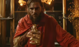 a man with a red robe and a beard holding something up