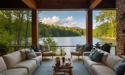 a porch has lots of furniture by the water