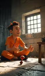 a 3d cartoon man in orange sitting in a room