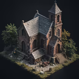 an old church with a few animals on the grass