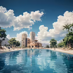 a big swimming pool surrounded by palm trees