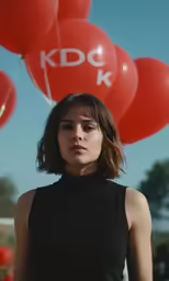 young woman in black with balloons flying in the air