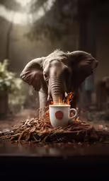 an elephant in a forest drinking out of a cup
