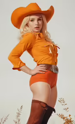 a young lady posing in cowboy boots and orange outfit