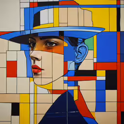 a colorful wall painting with a woman wearing a hat and holding a phone,a painting with square designs of women wearing hats