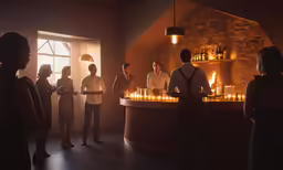 the people are standing at the bar to get drinks