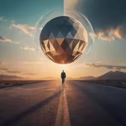 a man in black walks on an asphalt road near a giant object in the sky