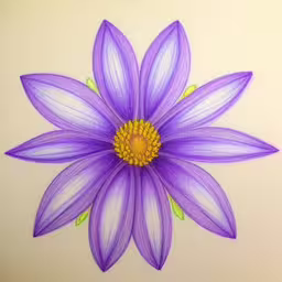 a purple and yellow flower with green stem stems,an artistic flower that is made to look like it is on paper