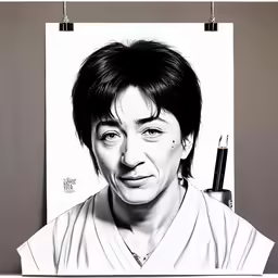 a drawing of an old woman with black hair and eyes