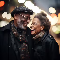 the man and woman are posing for the camera,an older couple smiling outside on a rainy night