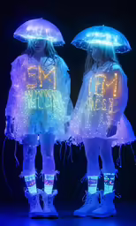 two people with neon signs under umbrellas