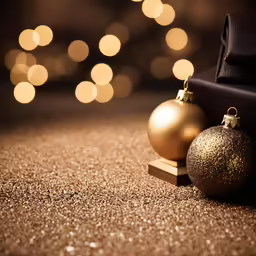 a black box with two golden christmas balls and one gold ornament