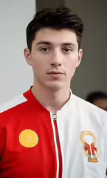 a young man with dark hair wearing a red and white uniform