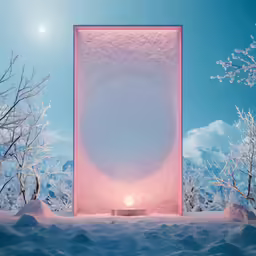 a pink box in the middle of a snowy landscape