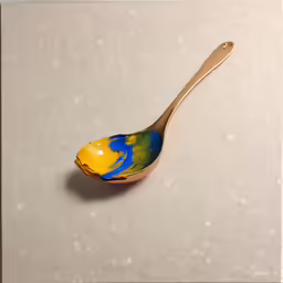 a wooden spoon with blue and yellow designs on it