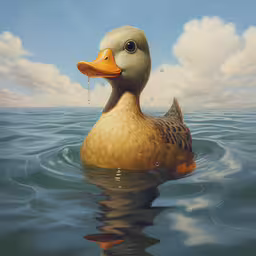 a duck in the water with blue sky and clouds behind it,a duck is sitting in the water under the cloudy blue sky