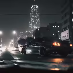 a car driving on a rainy night with the city lit up