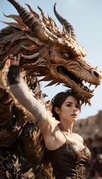 a woman is holding onto a fake dragon