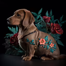 a dog sits next to flowers and plants
