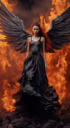 a woman in a gown with big wings standing on a rock,an angel that is standing in front of some fire
