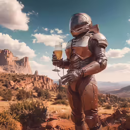 a person in a suit with a beer