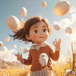a cartoon character in an image with the sky full of white balls