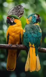 two colorful birds sitting on top of a wooden branch