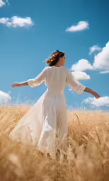 the girl is walking in the tall brown grass