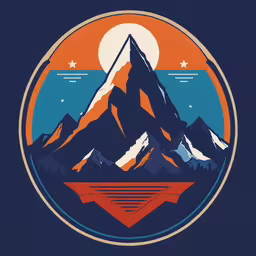 an image of mountains with mountains below and an orange moon above,the mountain logo has the sun and moon over it