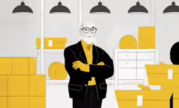 a man stands with his arms crossed near a box room