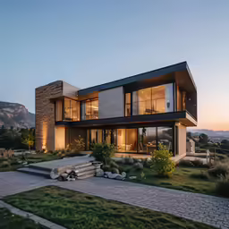 modern home with large glass windows and green grass
