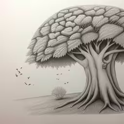 a drawing of a tree with many leaves on it