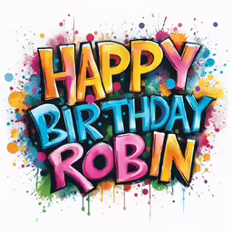 a happy birthday robin with colorful paint splatters on it