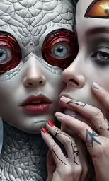a woman with red and black nails and piercings on her face