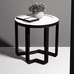 a white and black end table with a potted plant
