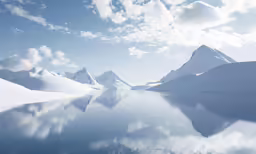 clouds in the sky are reflected on this calm lake