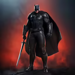 a batman action figure with sword and mask
