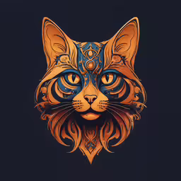 a stylized head is depicted in this orange and blue cat