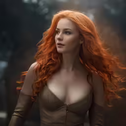 a woman wearing a leather outfit with red hair