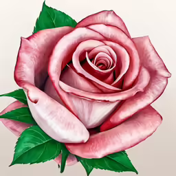 painting of pink rose with green leaves on white background