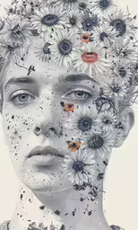 an art piece featuring a woman with sunflowers in her head