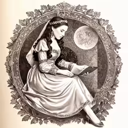 a black and white drawing of a woman in a dress reading a book
